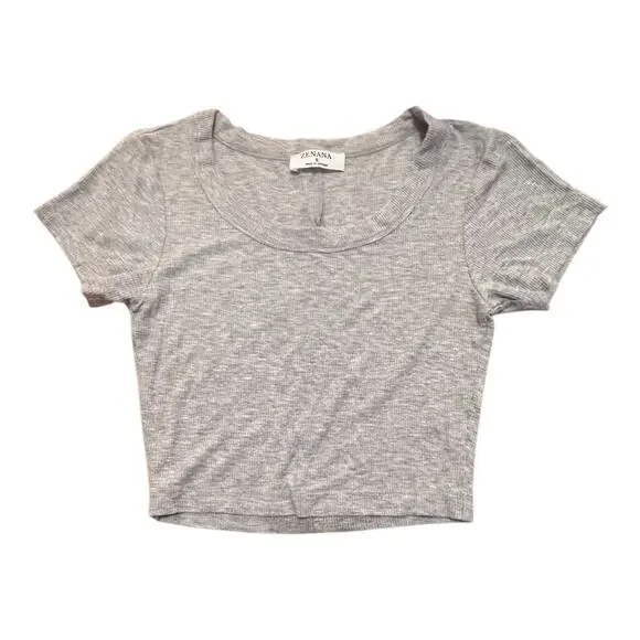 Zenana Cropped Short Sleeve Tee Womens Size Small Ribbed Scooped Neck Gray Shirt - Picture 1 of 3
